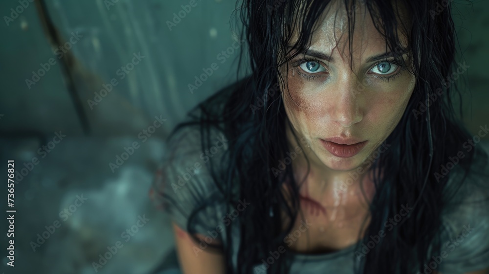 Close-Up of Woman With Blue Eyes. Generative AI. Close-Up of Woman With Blue Eyes. Generative AI.