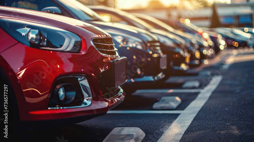 Row of parked cars in a dealership lot at sunset. © Александр Марченко