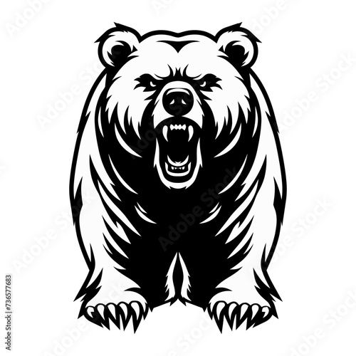 Vector illustration depicting an angry bear with a grinning mouth. Fierce bear. Drawing of a bear for a logo, print for a T-shirt, website, poster. Design element. Tattoo.