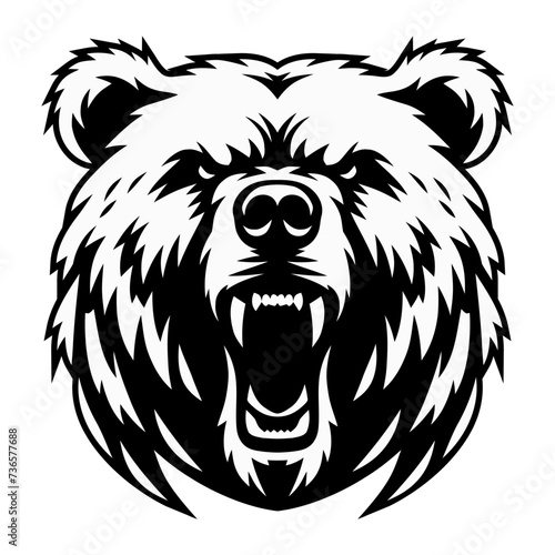 Vector illustration depicting an angry bear with a grinning mouth. Fierce bear. Drawing of a bear for a logo, print for a T-shirt, website, poster. Design element. Tattoo.