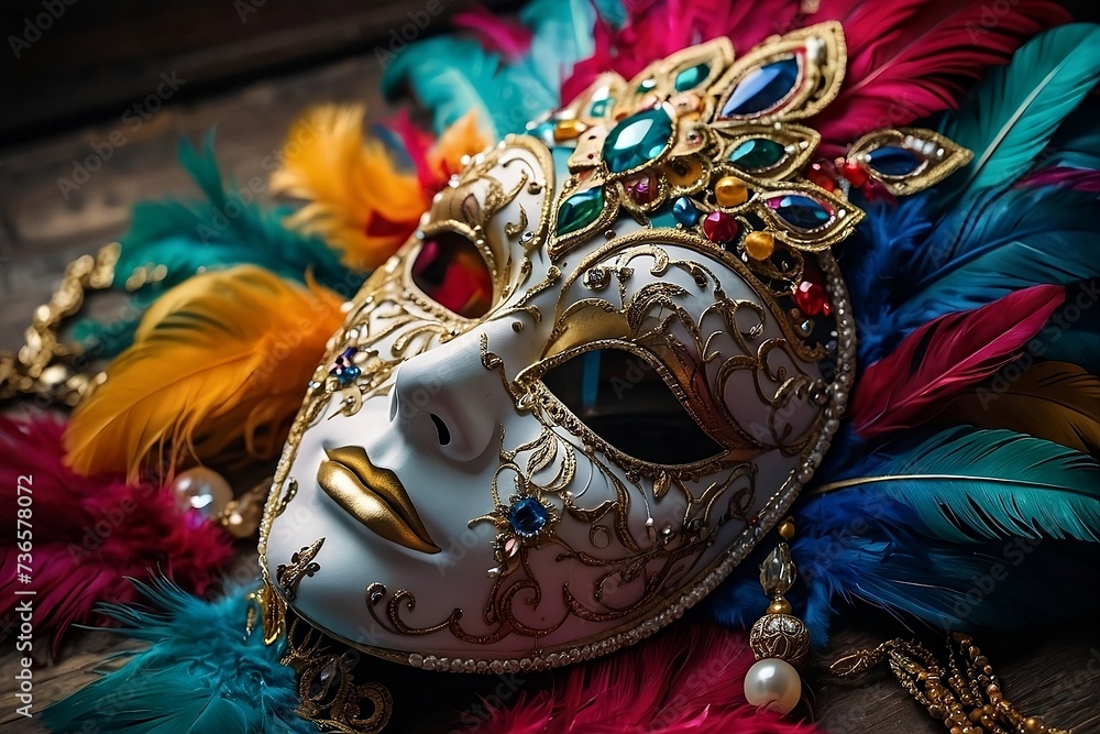 A stunning top-down view of a vibrant and intricate Venetian carnival mask.