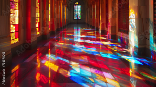 Vibrant Stained Glass Windows Casting Colorful Light Inside A Historical Building