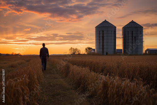 man in a field with a silo in the sunset