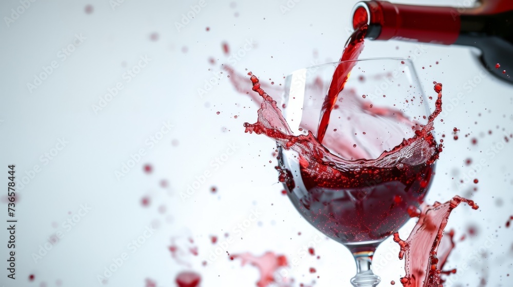 Fototapeta premium Dynamic close-up of red wine splashing out of a glass, capturing the motion against a white background. Ideal for beverage, celebration, or dynamic liquid imagery.