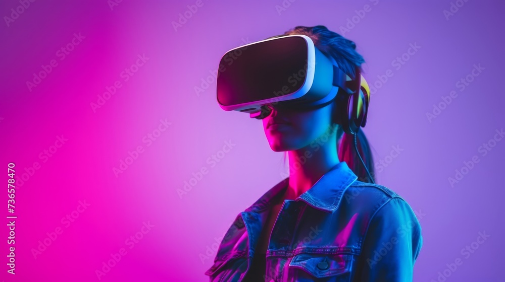 Woman with VR headset illuminated by neon lights, reflecting a high-tech, immersive virtual experience. Woman with VR headset illuminated by neon lights, reflecting a high-tech, immersive virtual experience.