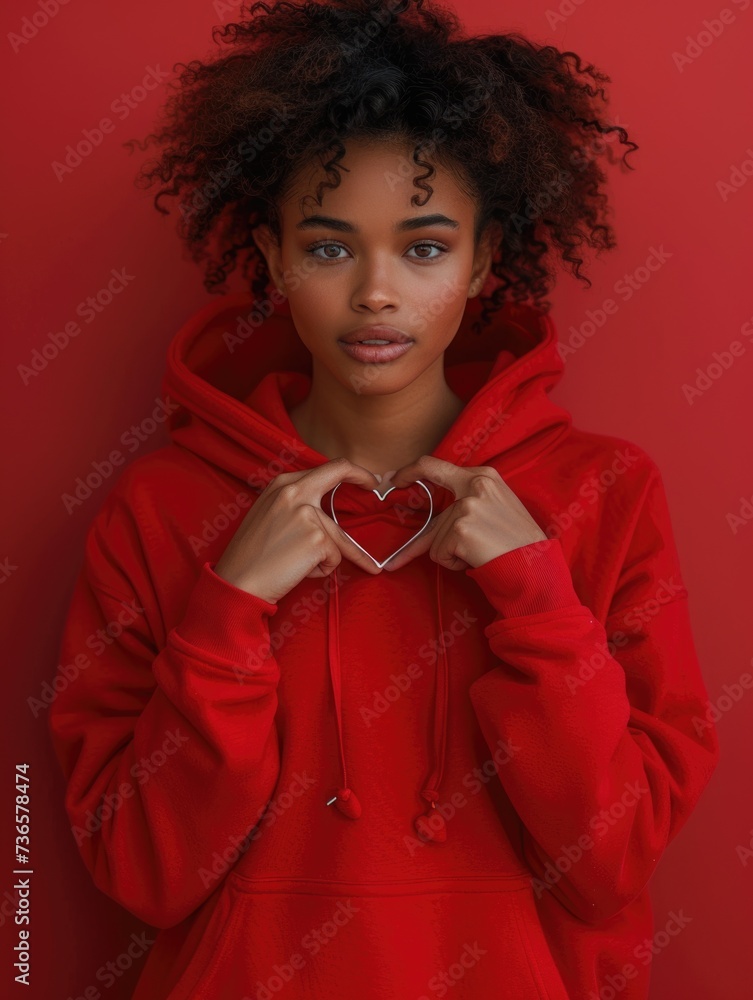 African American Woman in Red Hoodie Holding a Heart. Generative AI. African American Woman in Red Hoodie Holding a Heart. Generative AI.