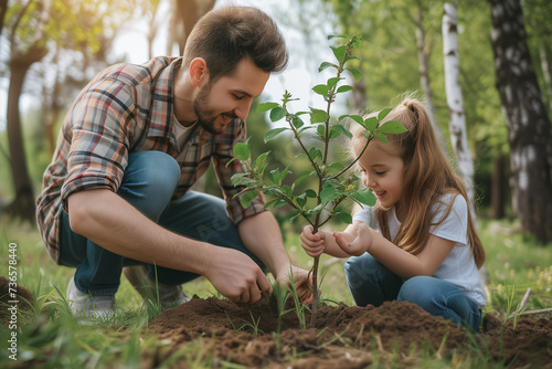 man and his daughter are planting an elm tree together