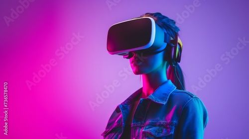 Woman with VR headset illuminated by neon lights, reflecting a high-tech, immersive virtual experience.