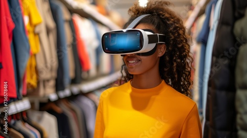 A young woman in a VR headset explores virtual racks in a modern clothing store. Can represent the future of shopping and technology in fashion.