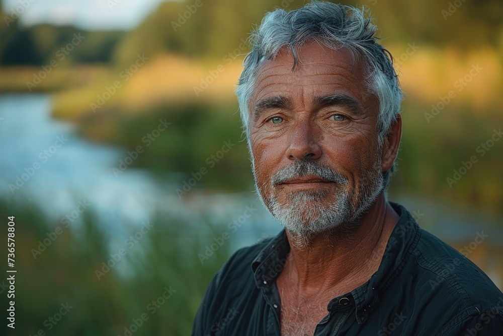 Portrait of a healthy positive senior man looking at the camera. Gray hair mature man in the nature. 