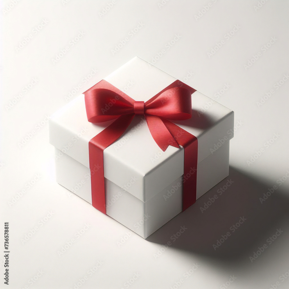 Caja de regalo blanca con lazo de cinta roja, aislada sobre fondo blanco Caja de regalo blanca con lazo de cinta roja, aislada sobre fondo blanco