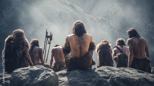 Cavemen Group Sitting on Rock Backwards photo