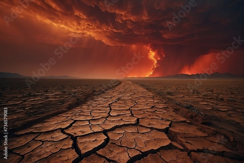 A landscape, cracked and parched from the effects of global warming, with a fiery red sky and swirling dust storms.