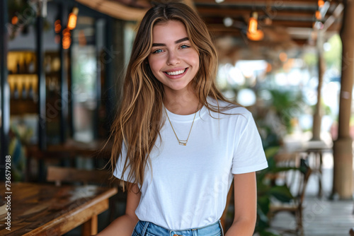 Wallpaper Mural A young woman in a white t-shirt and jeans smiling in a cozy restaurant, perfect for lifestyle and fashion mockups. Torontodigital.ca