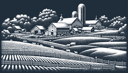 Fototapete Grau 2 Farm Landscape. Vintage stipple woodcut engraving style vector illustration.  © RetroVector