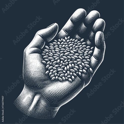 Hand Holding Grain. Vintage stipple engraving style vector illustration on dark background.