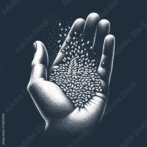 Hand Holding Scattering Grain. Vintage stipple engraving style vector illustration on dark background.