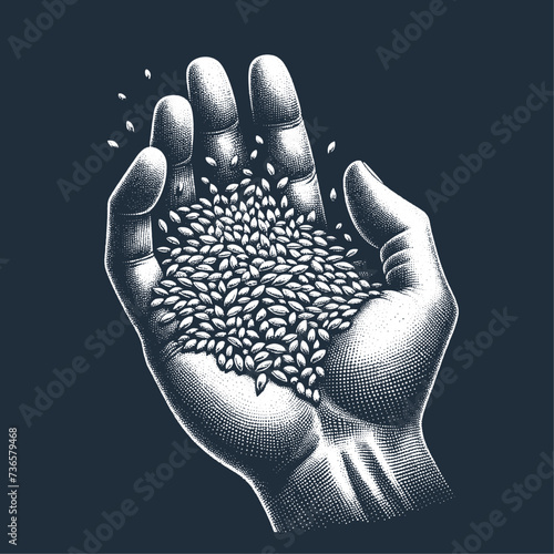 Hand Holding Grain. Vintage stipple engraving style vector illustration on dark background.