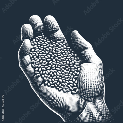 Hand Holding Grain. Vintage stipple engraving style vector illustration on dark background.