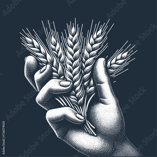 Hand Holding Grain Ears. Vintage stipple engraving style vector illustration on dark background.