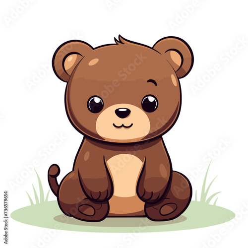 Cute cartoon teddy bear sitting on the grass. Vector illustration.