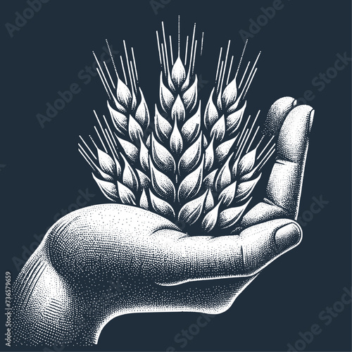 Hand Holding Grain Ears. Vintage stipple engraving style vector illustration on dark background.