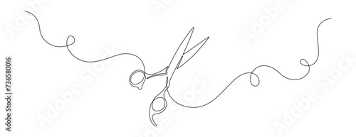 One continuous line drawing of hair scissors. Minimalistic web banner and modern logo of barber shop and hairdressing salon in simple linear style. Editable stroke. Doodle vector illustration