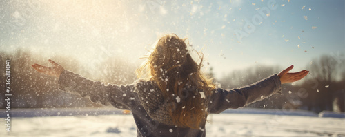 Woman spred hands in winter country, Happy girl reav view. in winter land. © amazingfotommm