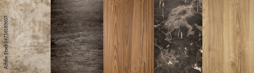 Combination of stone and wood. The concept of the interior of stone and wood-like materials. Textured wood samples.