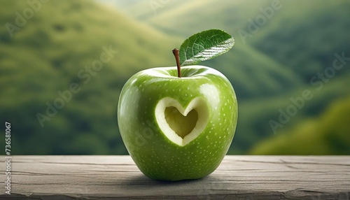 green apple on a wooden table photo