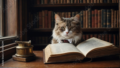 Kot intelektualista w domowej bibliotece © MS