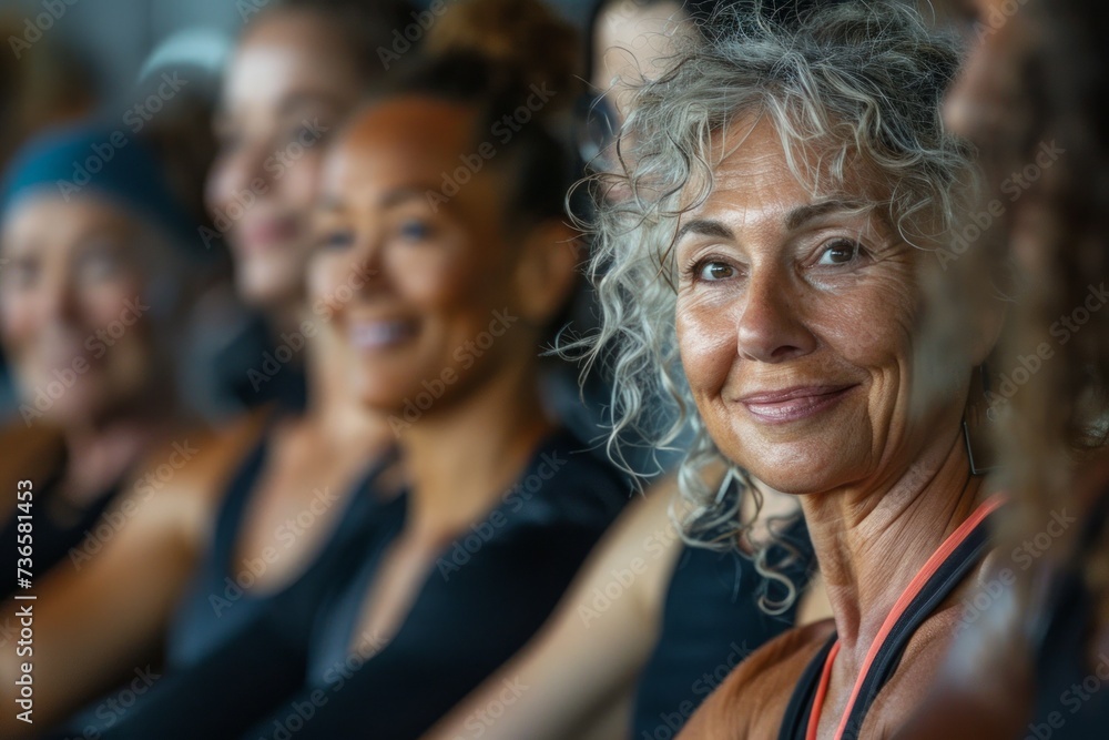 Fototapeta premium Happy Senior Woman Exercising With Group In Gym