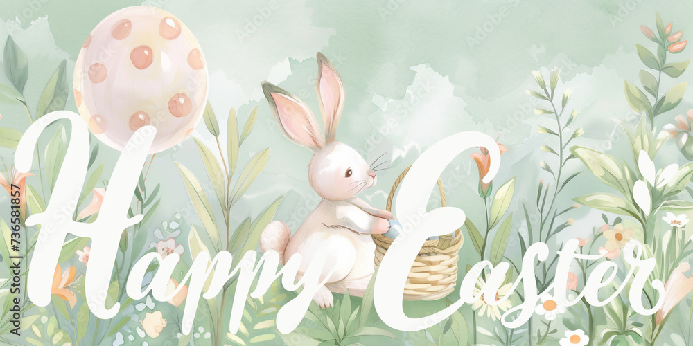 Fototapeta premium Happy Easter postcard. Whimsical illustration of a cute bunny, sitting in a serene spring garden flowers and easter eggs. Cute children decor.
