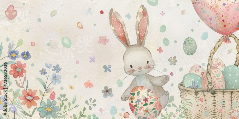 Happy Easter postcard. Whimsical illustration of a cute bunny, sitting in a serene spring garden flowers and easter eggs. Cute children decor. Happy Easter postcard. Whimsical illustration of a cute bunny, sitting in a serene spring garden flowers and easter eggs. Cute children decor.