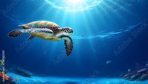 A sea turtle swimming underwater with sunlight penetrating the ocean surface, surrounded by small fish and coral on the seabed