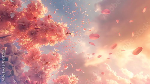 A delicate cluster of cherry blossoms with petals gently falling against a soft, pastel sky symbolizes the arrival of the spring equinox  © Alin