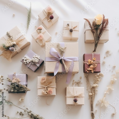 Handmade natural organic gift package concept. Small business, ethical shopping idea. Presents packed in plastic free, craft Lavender flowers gift boxes