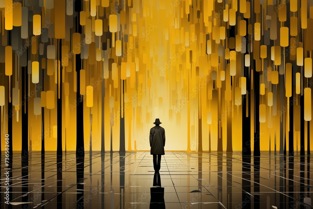 A man standing in a surreal space with an abstract yellow background with geometric elements, on a dark glass floor with reflections