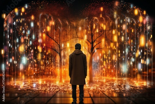 a man stands in front of tree with holographic colorful lights, dark night background