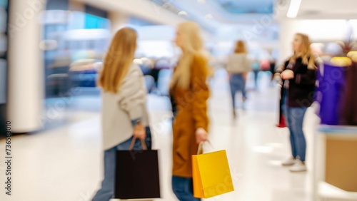 blurred tow cute girl walks in a mall with gift bags. Surprise from what he saw. After shopping. Purchase