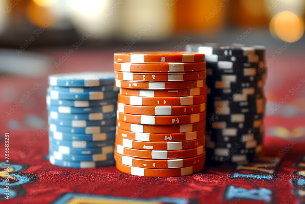 Poker chips, gambling coins in Casino