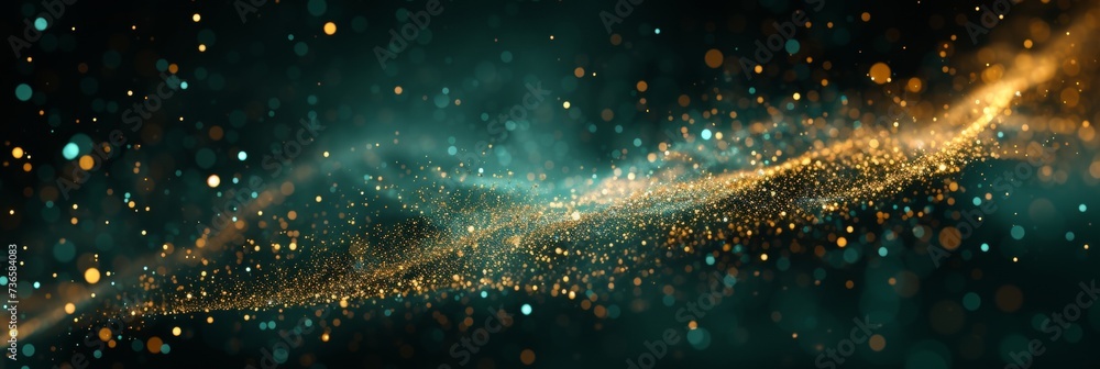 Abstract gold bokeh on defocused emerald green background banner with sparkling lights - obrazy, fototapety, plakaty 