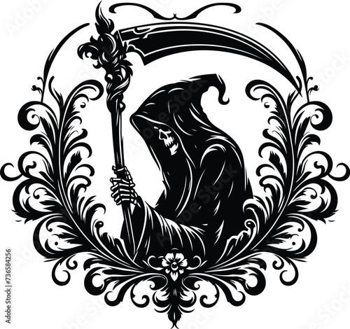 grim reaper, skull, silhouette flowers ornament decoration, floral vector design. 