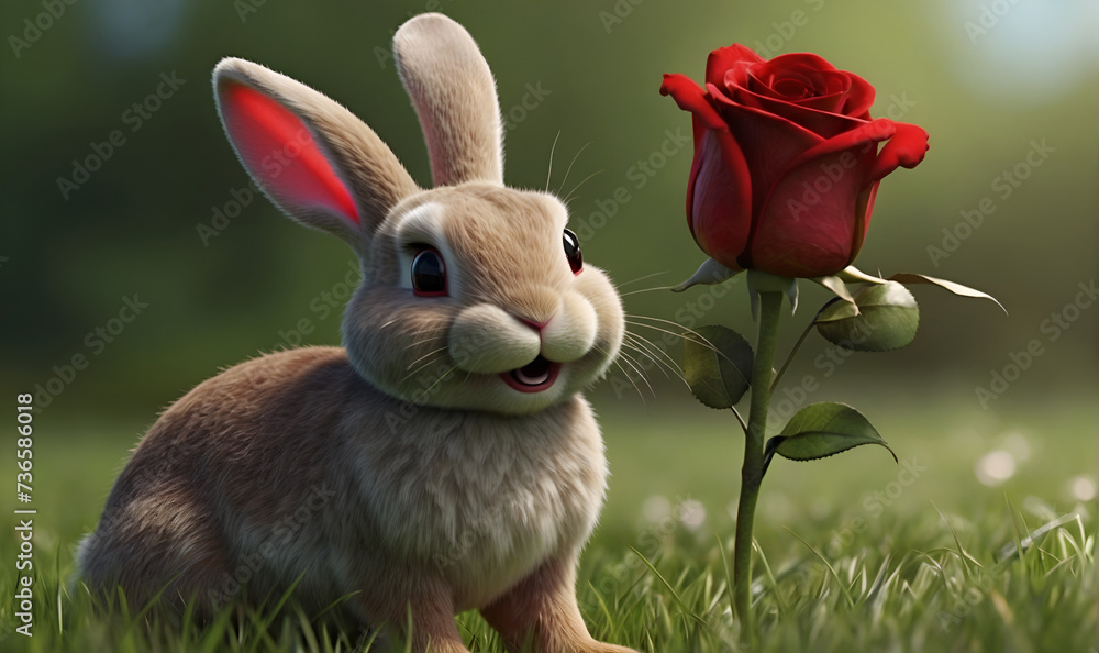 a rabbit with a rose flower on a green lawn a rabbit with a rose flower on a green lawn
