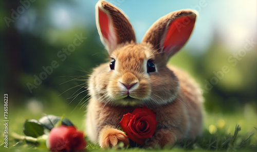 a rabbit with a rose flower on a green lawn © A_A88