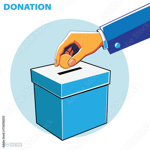 A Donation Box with hand and money,  flat design concept. 3D Illustration
