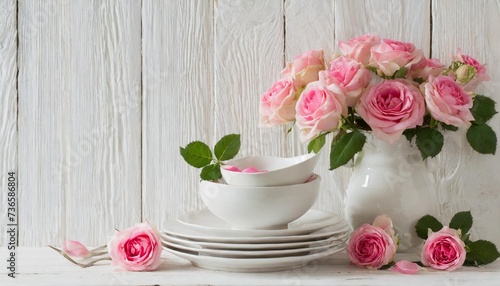 pinc roses in vase and dinnerware on white wooden shelf photo