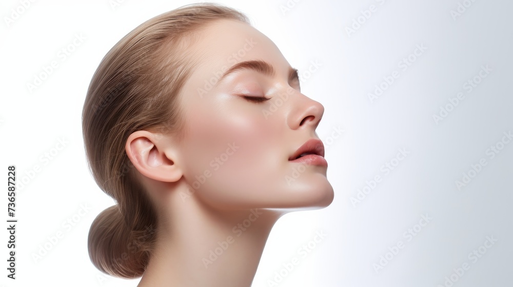 face model, full face in the shot, photographic style, smooth skin, hand on the face, white background face model, full face in the shot, photographic style, smooth skin, hand on the face, white background