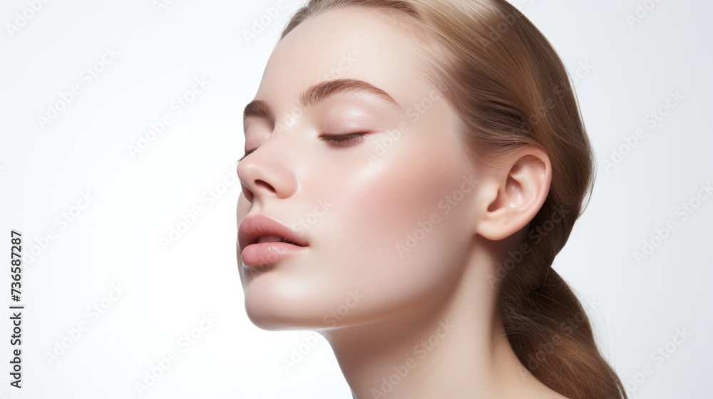 face model, full face in the shot, photographic style, smooth skin, hand on the face, white background face model, full face in the shot, photographic style, smooth skin, hand on the face, white background