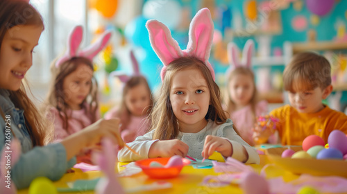 cute kids in bunny ears painting Easter eggs at home or kindergarten. children prepare for Easter